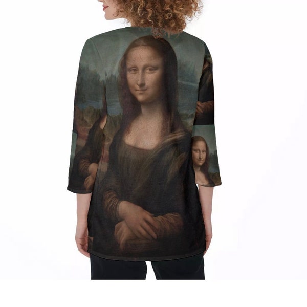 Leonardo da Vinci's Portrait of Mona Lisa del Giocondo - All-over Print Cardigan- Overshirt- Coverup- Open Front Shirt- 3/4 Sleeve Length