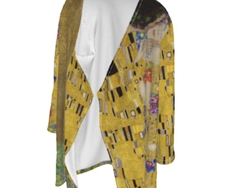 Gustav Klimt&#39;s The Kiss All-over Print Cardigan, Overshirt, Coverup, Open Front Shirt- 3/4 Sleeve Length