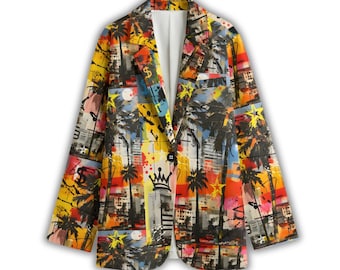 Blazer con estampado de grafiti: chaqueta unisex de algodón con estampado de palmeras tropicales