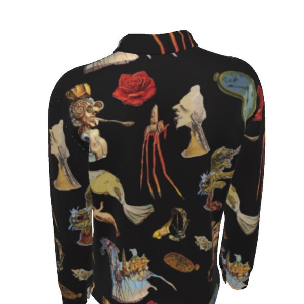 Dali Surrealism Symbols Collared Long Sleeve Oxford Shirt, All-Over Print Men's Colorful Button Up Shirt, Dress Shirt, Gift for Him