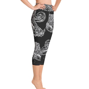 Leggings de polvo - Leggings de ioga com estampa completa - Calças de ioga - Capris de treino - Design original de xilogravura de polvo