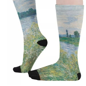Claude Monet Socks-  Banks of the Seine, Vétheuil Painting - All Over Print Unisex High Socks Featuring Painting Print