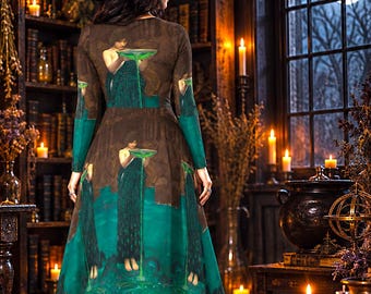 Witchy Midi Dress, Circe Invidiosa Waterhouse Painting, Dark Academia Long Sleeve Dress with Pockets, Gothic Sorceress Art Dress, Halloween