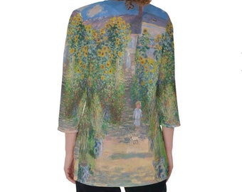 Claude Monet Overshirt- The Artist's Garden at Vétheuil - All-over Print Cardigan- Coverup- Open Front Shirt- 3/4 Sleeve Length