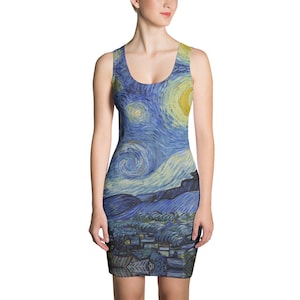 Starry Night Vincent van Gogh Dress- Artistic Fitted Dress- Colorful Art Dress- Painting- Sublimation Cut & Sew Dress- Masters- Art Outfit