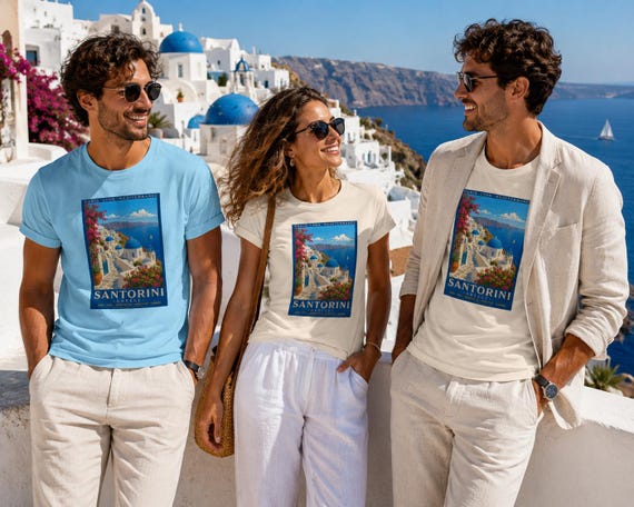 Santorini Greece Vintage Travel Poster T-Shirt | Greek Island Vacation Tee | Mediterranean Cruise Shirt | Santorini Souvenir Gift