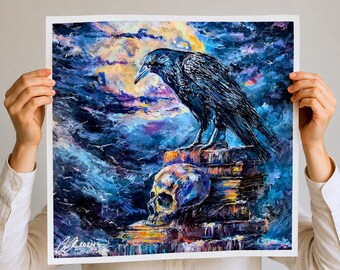 Echoes of Nevermore Raven Wall Art, Edgar Allan Poe Canvas Print, Gothic Dark Academia Home Decor, Original Painting Square Canvas