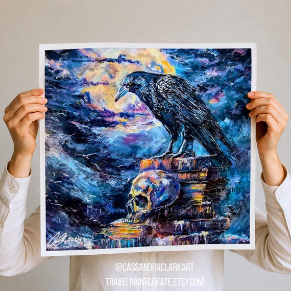 Echoes of Nevermore Raven Wall Art, Edgar Allan Poe Canvas Print, Gothic Dark Academia Home Decor, Original Painting Square Canvas
