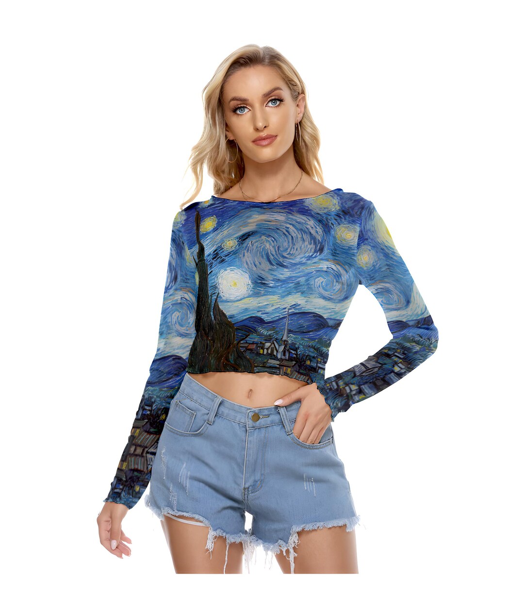 Starry Night Van Gogh Mesh Top, Women's Mesh Crop Top, Long