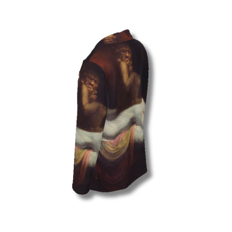May include: A long-sleeve shirt featuring a dark, classical oil painting print. The graphic depicts figures in deep brown and black tones, draped in white and reddish-orange fabric, covering the entire surface of the garment from collar to hem.