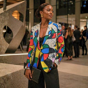 Pode incluir: Um blazer colorido com um design abstrato vibrante em vermelho, azul, amarelo e verde sobre um fundo branco. O blazer é usado com calças pretas e uma clutch preta. Joias douradas completam o look.