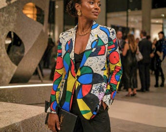 Miró Inspired Abstract Cotton Blazer by Cassandra Clark, Artsy Statement Jacket, Colorful Unisex Art Blazer, Bold Designer Jacket