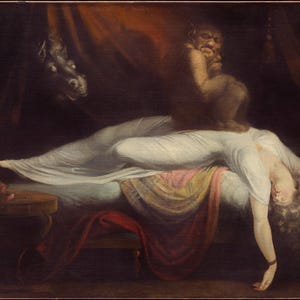 May include: An oil painting depicting a figure in a white gown lying across a bed with their head hanging off the edge. A dark, squat creature sits on the figure's chest, while a horse head with glowing eyes emerges from the shadows in the background.