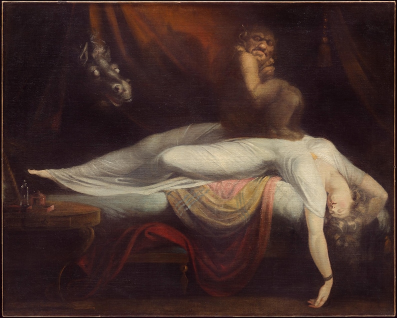 May include: An oil painting depicting a figure in a white gown lying across a bed with their head hanging off the edge. A dark, squat creature sits on the figure's chest, while a horse head with glowing eyes emerges from the shadows in the background.