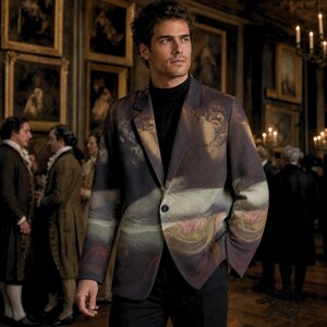 May include: A single-breasted blazer featuring a dark, moody printed pattern of classical figures and swirling clouds in muted tones of brown, grey, and soft pink. The blazer has a notched lapel, a single front button, and long sleeves.