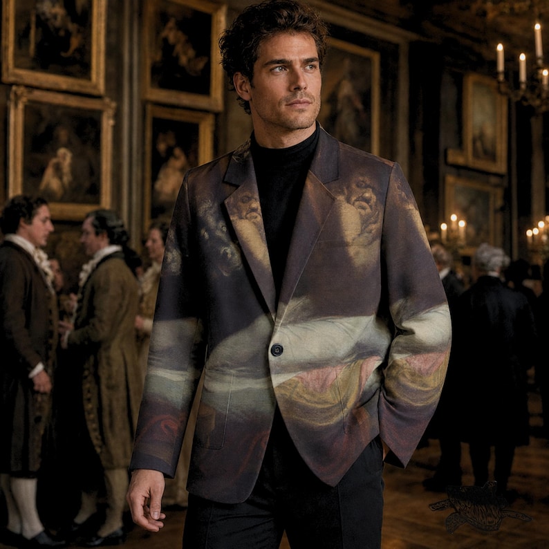 May include: A single-breasted blazer featuring a dark, moody printed pattern of classical figures and swirling clouds in muted tones of brown, grey, and soft pink. The blazer has a notched lapel, a single front button, and long sleeves.
