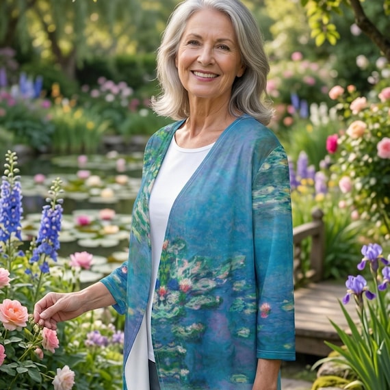 Claude Monet Water Lilies Open Front Cardigan, Wearable Art Overshirt, 3/4 Sleeve Kimono