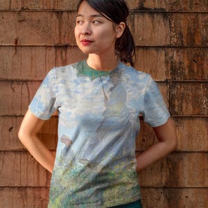 Claude Monet Tshirt, Woman with a Parasol, All-Over Print Unisex T-shirt, Round Neck Classic Tee- Short Sleeve Crew Shirt