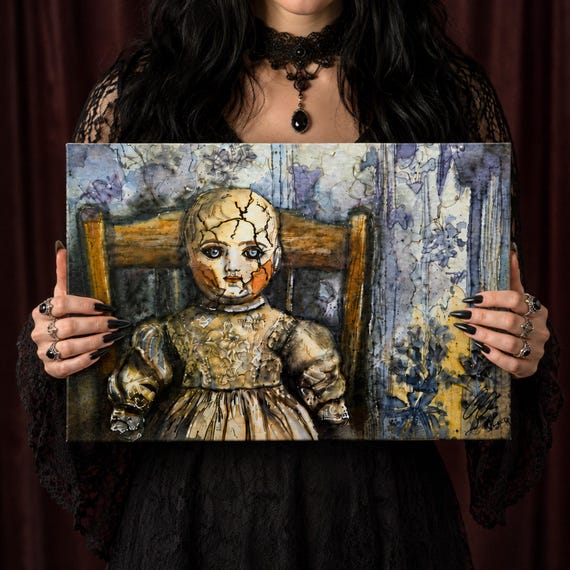 Dark Academia Gothic Wall Art Canvas | Eerie Portrait Framed Print | Moody Witchy Home Decor | Ready to Hang Original Painting