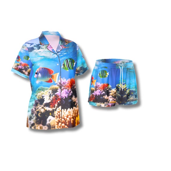 Ocean Print Pajama Set: Women's Imitation Silk Short Sleeve Sleepwear