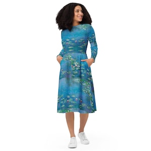 Monet Water Lilies Print Long Sleeve Midi Dress with Pockets, Comfortable Art-Inspired Fashion