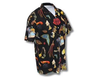 Camisa hawaiana 100 % algodón con símbolos de Dalí: arte surrealista de algodón con botones