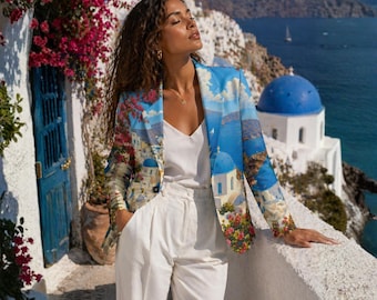 Chaqueta de Santorini, Grecia, estilo póster de viaje vintage, de algodón unisex, ideal para vacaciones en la isla griega.
