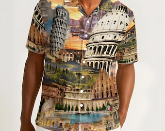 Camisa de algodón con paisajes italianos para hombre, camisa de viaje de verano con collage de arte mediterráneo, ideal como regalo de vacaciones y cruceros.