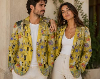 Chaqueta tipo blazer "El beso" de Gustav Klimt: Chaqueta unisex de algodón con diseño artístico.