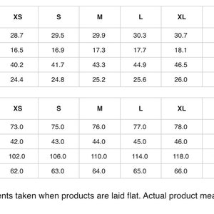 May include: A size guide chart for a long-sleeve shirt, featuring two tables with measurements in inches and centimeters for sizes XS through 5XL. The chart includes rows for length, shoulder, bust, and sleeve, with a line drawing of a shirt.
