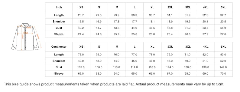May include: A size guide chart for a long-sleeve shirt, featuring two tables with measurements in inches and centimeters for sizes XS through 5XL. The chart includes rows for length, shoulder, bust, and sleeve, with a line drawing of a shirt.