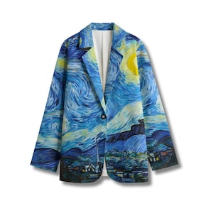 May include: A blue blazer with a swirling, abstract print reminiscent of a famous painting. The print features shades of blue, yellow, and white.