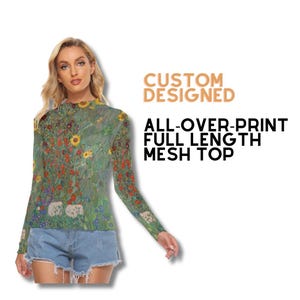 May include: A long-sleeved mesh top with a floral print in green, red, yellow, and blue. The top has the text "CUSTOM DESIGNED" and "ALL-OVER-PRINT FULL LENGTH MESH TOP".
