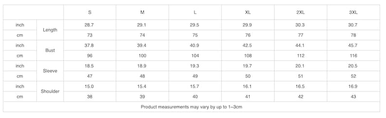 Puede incluir: Una tabla blanca con medidas en pulgadas y cent&iacute;metros para las tallas S a 3XL. Las medidas incluyen Largo, Busto, Manga y Hombro. El texto en la parte inferior dice: "Las medidas del producto pueden variar hasta 1-3cm."