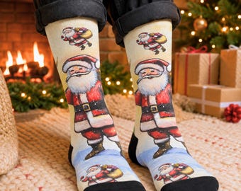 Santa Watercolor Socks, Original Christmas Painting Print, Stocking Stuffer Gift for Him or Her, Hand-Painted Holiday Art, Unisex Socks