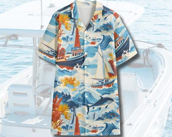 Camisa hawaiana de velero: Camisa Luau de algodón para hombre con estampado de verano