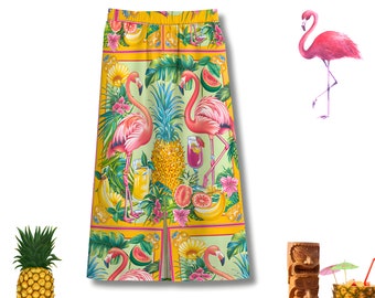 Gonna a fessura tropicale con fenicotteri, gonna lunga in tela di puro cotone di Cassandra Clark, abbigliamento estivo elegante e confortevole, abito da vacanza Tiki