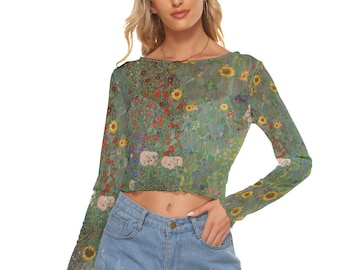 Gustav Klimt Mesh Top, Women&#39;s Mesh Crop Top, Long Sleeves, Wearable Art, Masters Farm Garden with Sunflowers (1907) Painting Art Outfit