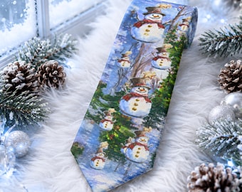 Gravata com estampa de boneco de neve em aquarela, gravata com pintura original de inverno, presente de Natal para ele, arte natalina pintada à mão, não gerada por IA.