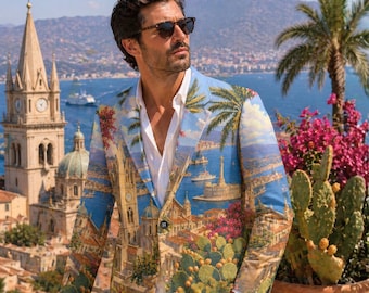 Chaqueta Messina Sicilia Italia, Chaqueta de viaje de algodón, Crucero por el Mediterráneo, Arte para vestir, Abrigo unisex de moda resort
