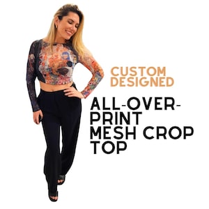 Custom Design Mesh Top, Women&#39;s Mesh Crop Top, Long Sleeves, Wearable Art, Unique Top, Sexy Outfit
