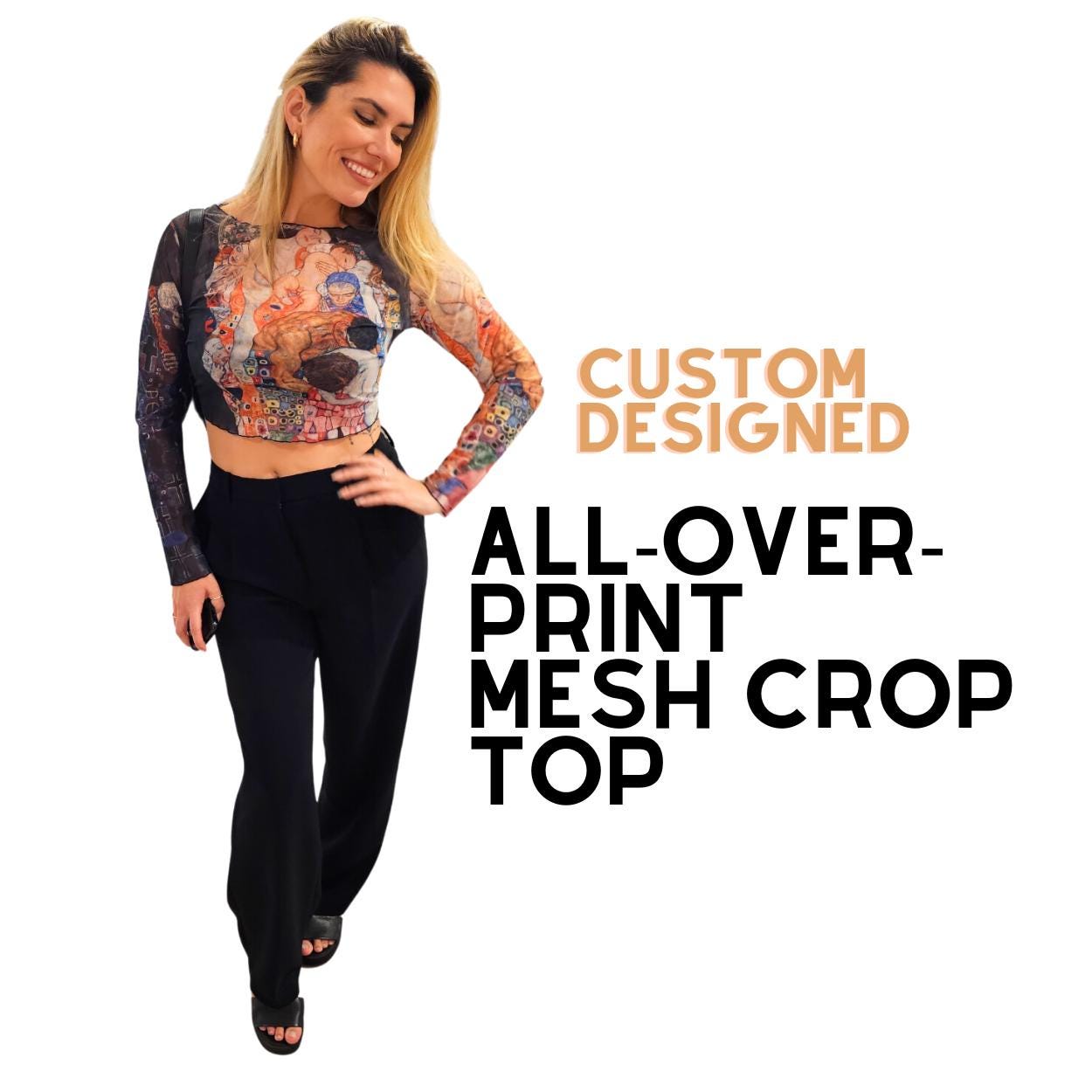 Custom Design Mesh Top, Women's Mesh Crop Top, Long Sleeves