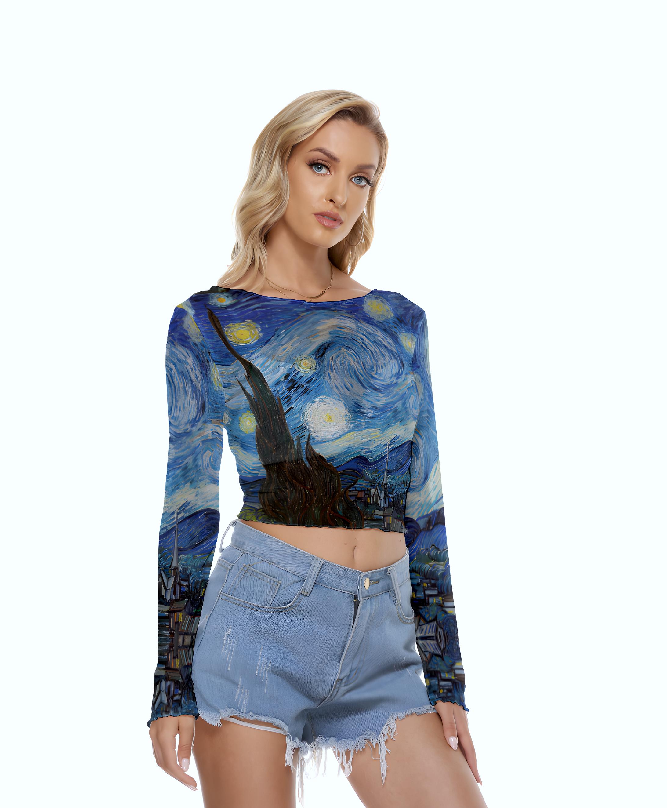 Starry Night Van Gogh Mesh Top, Women's Mesh Crop Top, Long