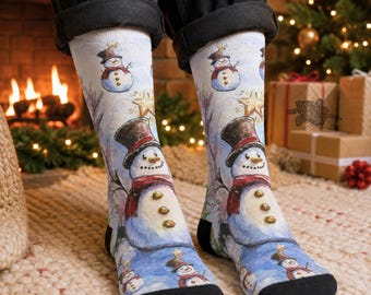 Meias com estampa de boneco de neve em aquarela, impressão original de pintura de inverno, presente perfeito para o Natal, arte natalina pintada à mão, meias unissex.