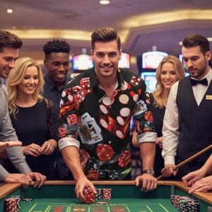 Può includere: Una camicia nera con un motivo di dadi rossi, carte da gioco e pois bianchi. La camicia è indossata da una persona a un tavolo da casinò, circondata da altre persone. La scena è ambientata in un casinò.