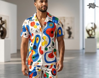 Conjunto personalizado de camisa e shorts masculino com estampa total, roupa masculina de duas peças personalizada, design exclusivo de artista, camisa com gola e shorts.