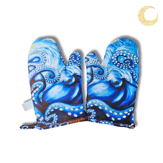 Starry Night Octopus Oven Mitts: Heat-Resistant Kitchen Art, Set of 2