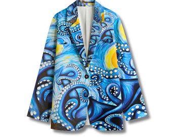Blazer Pulpo Noche Estrellada: Chaqueta Artística Unisex de Algodón