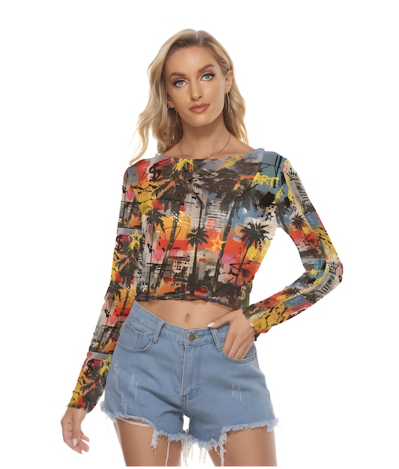 orange mesh long sleeve crop top