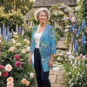Puede incluir: Una mujer con una rebeca azul con un dise&ntilde;o de pintura de nen&uacute;fares, una camiseta blanca y pantalones azul marino est&aacute; en un jard&iacute;n. El jard&iacute;n tiene un camino de piedra, flores y un estanque.